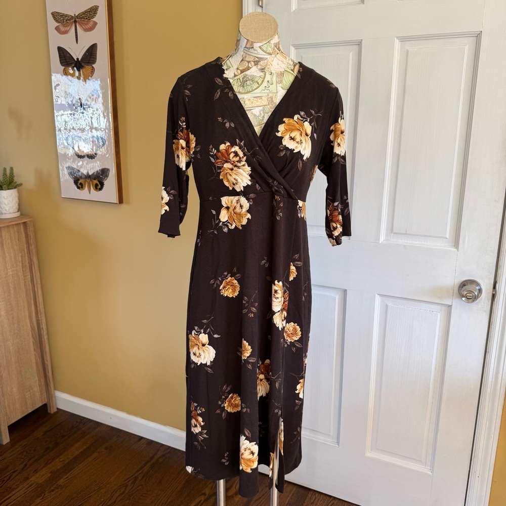 J. Jill Wearever Collection Black Floral Wrap Midi Dress Golden Rose Print S P